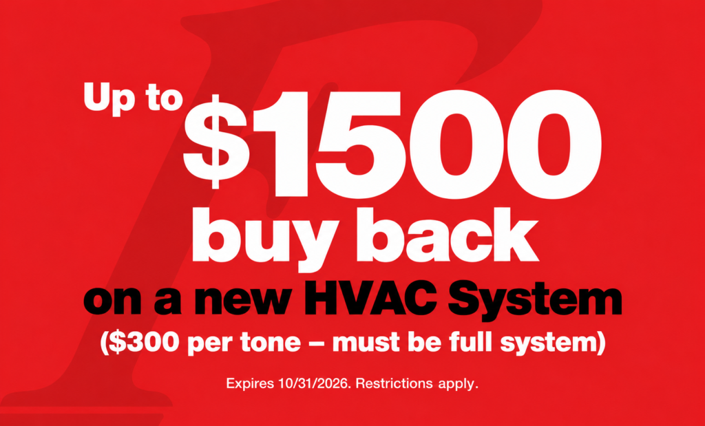 Red background with logo that displays Up to $1500 buy back on a new HVAC System ($300 per tone – must be full system). Expires 10/31/2026